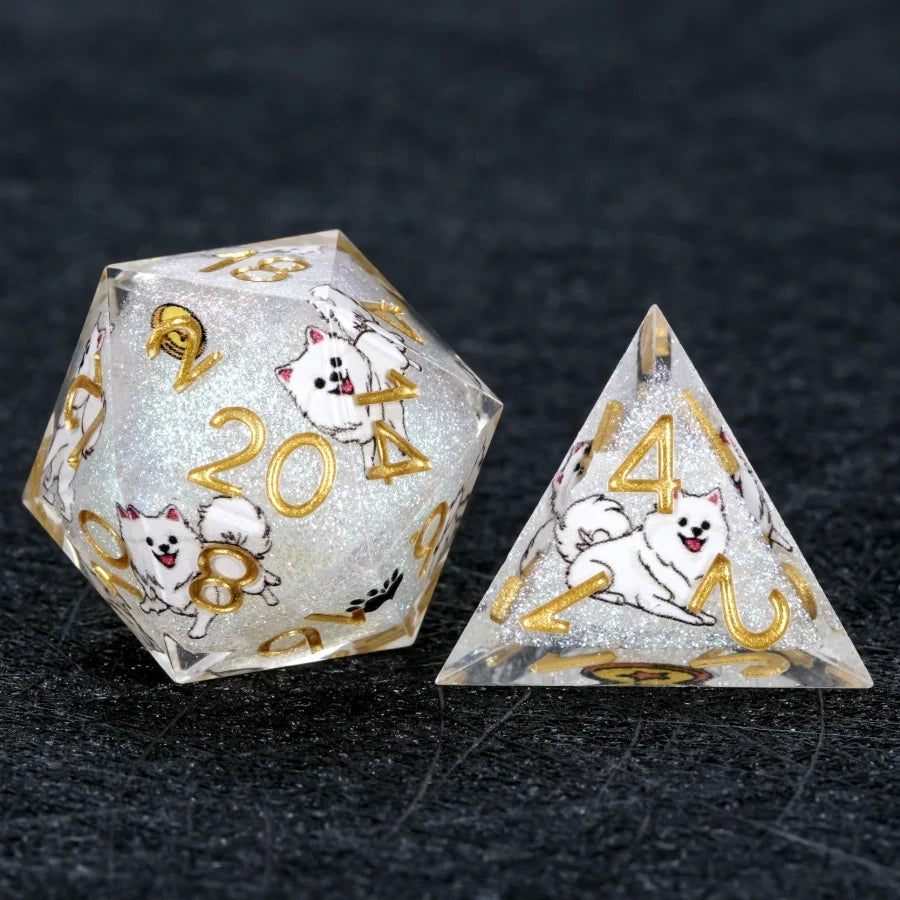 Star Resin Sharp Edge Dice Set – Legendary Pomeranian – Kickstarter Dice – Sharp-edged white glitter resin DND D20 and