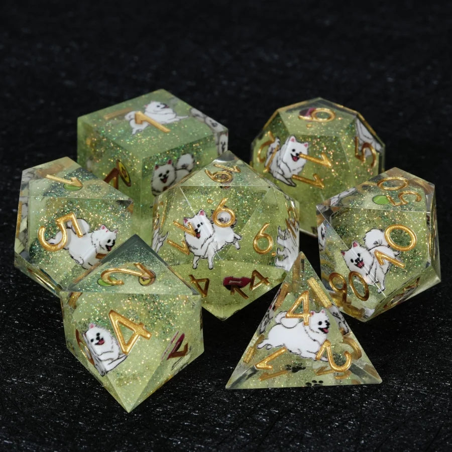 Star Resin Sharp Edge Dice Set – Legendary Pomeranian – Kickstarter Dice – Green Glitter Resin Pomeranian DND D20 and