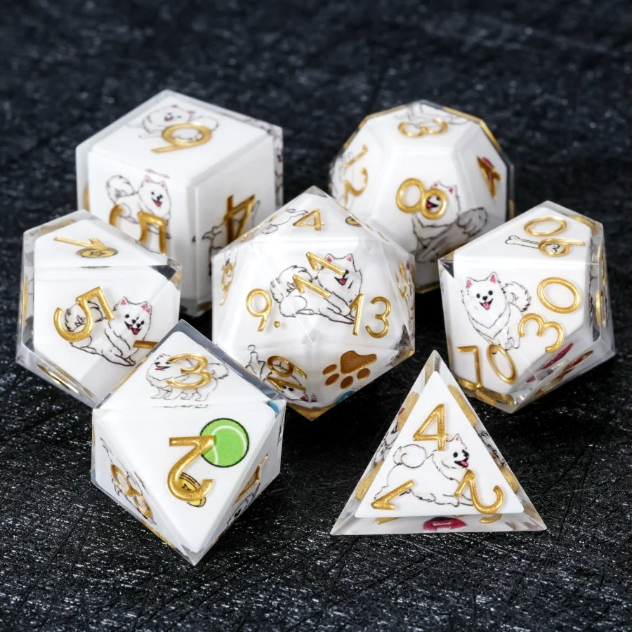 Star Resin Sharp Edge Dice Set – Legendary Pomeranian – Kickstarter Dice – Handcrafted Sharp-Edged White Resin