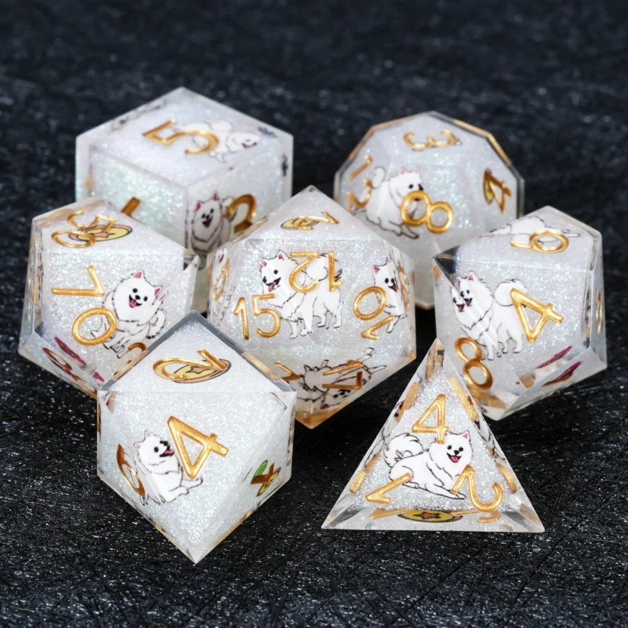 Star Resin Sharp Edge Dice Set – Legendary Pomeranian – Kickstarter Dice – Handcrafted Sharp-Edged White Glitter Resin