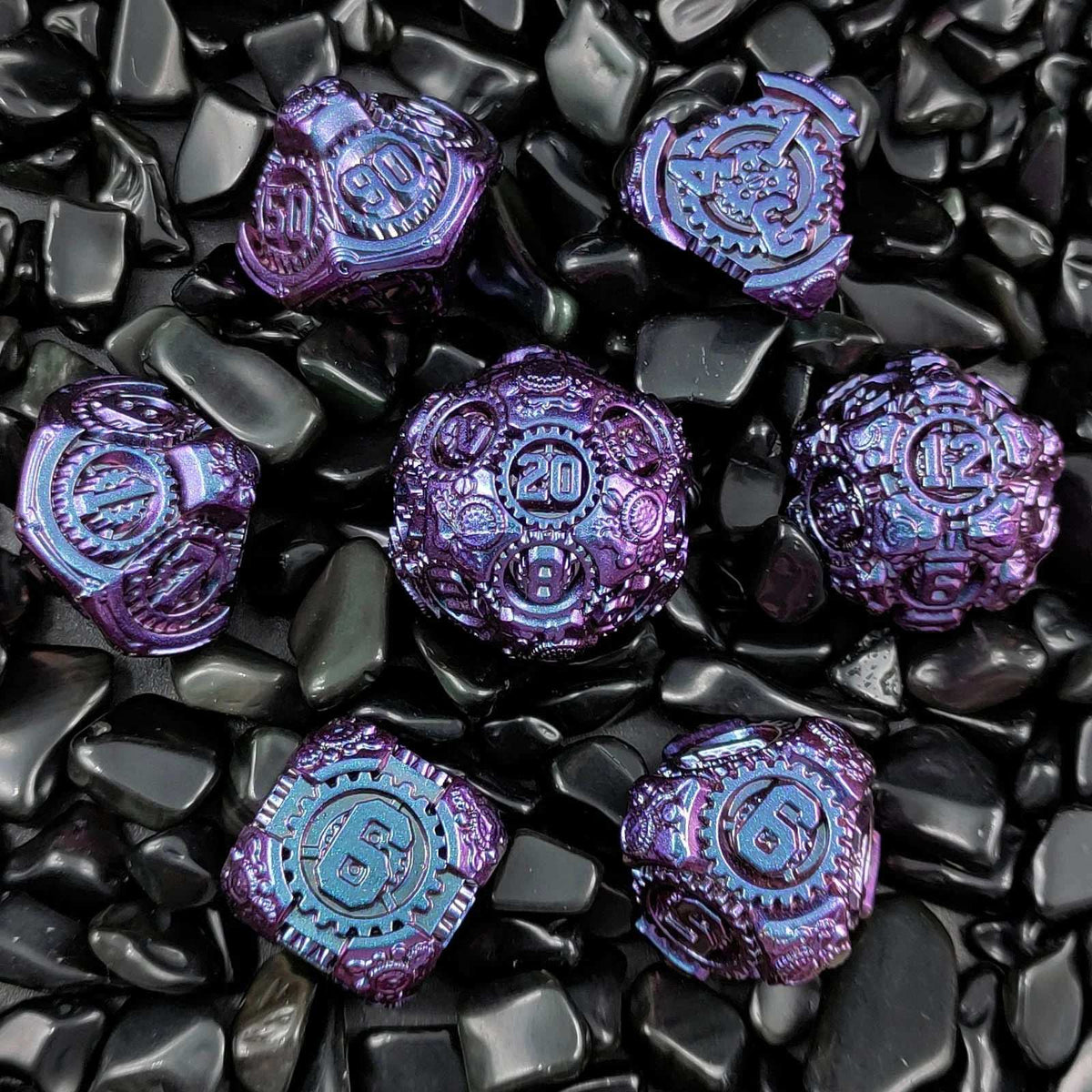 Steam Power Metal DND Dice Set – Steam Power - Blue Mechanical Gear Metal DND Dice Set