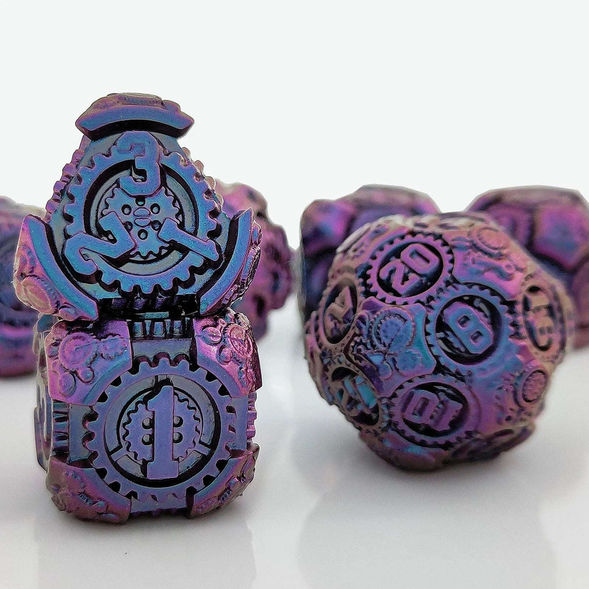 Steam Power Metal DND Dice Set – Steam Power - Blue Mechanical Gear Metal DND Dice Set
