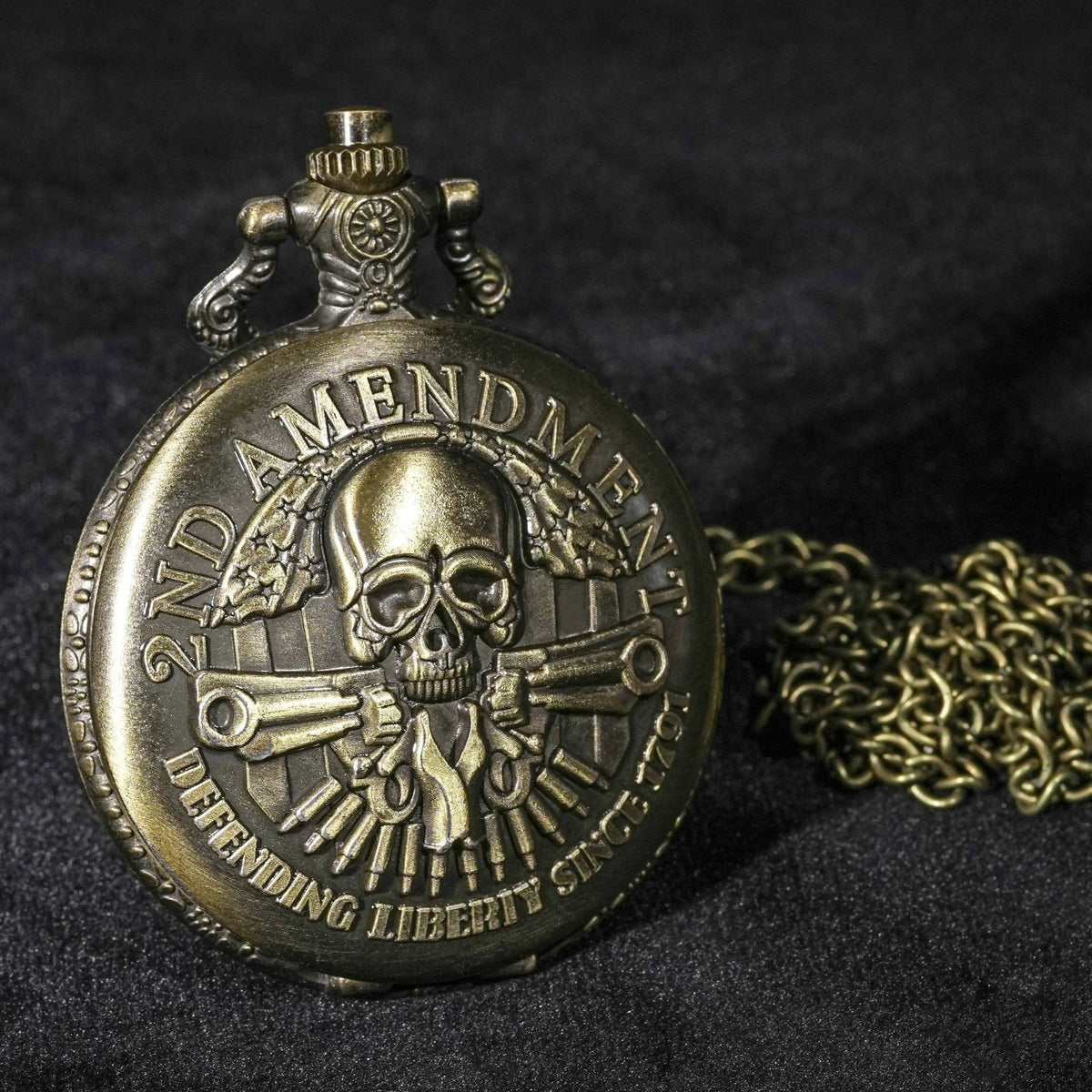 Steampunk Dice Box – Metal – Bronze Skull Double Gun Dice Pocket Watch Box Chain