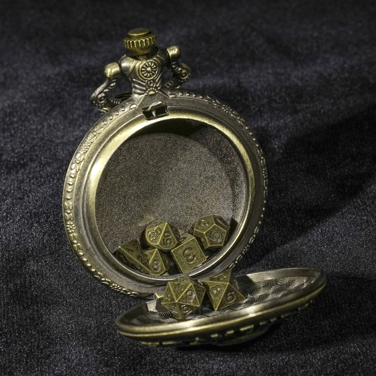 Steampunk Dice Box – Metal – A cool bronze skull double gun dice pocket watch chain, featuring a D&D bronze metal mini