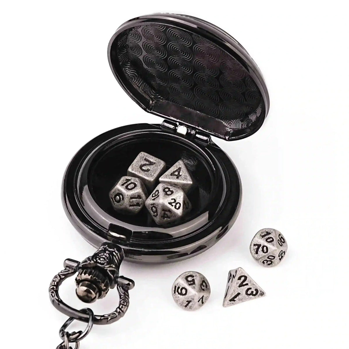 Steampunk Metal DND Dice – Steampunk DND Metal Dice Black Wolf Necklace | Two - in - one & Pocket Watch