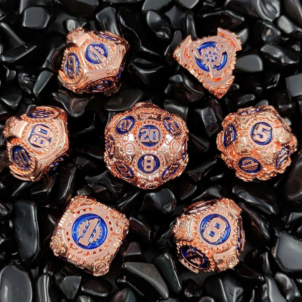 Steampunk Metal DND Dice Set – Copper Sapphire – Steampunk Style - Gear Metal DND Dice Set Red Copper Treasure Blue
