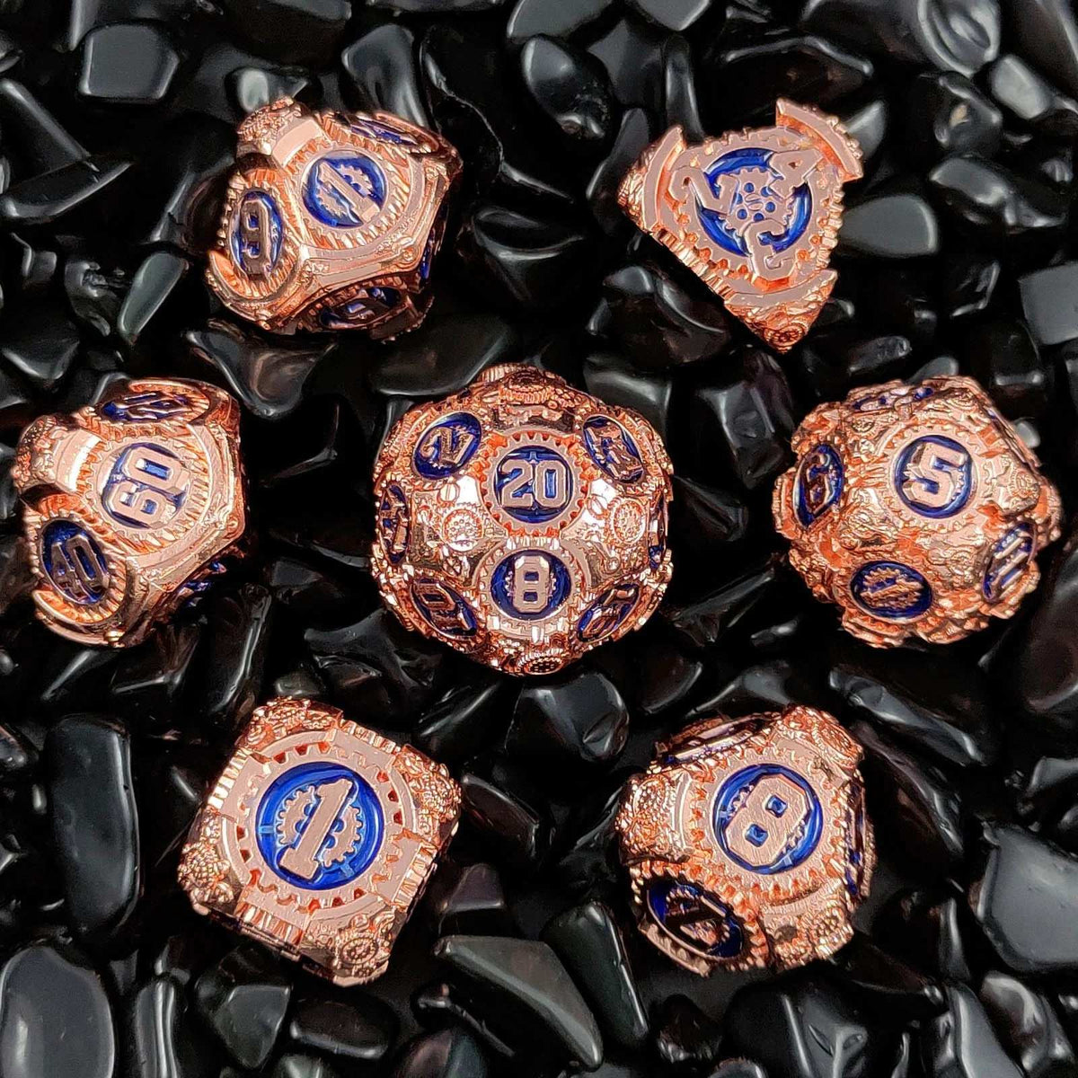 Steampunk Metal DND Dice Set – Copper Sapphire – Steampunk Style - Gear Metal DND Dice Set Red Copper Treasure Blue