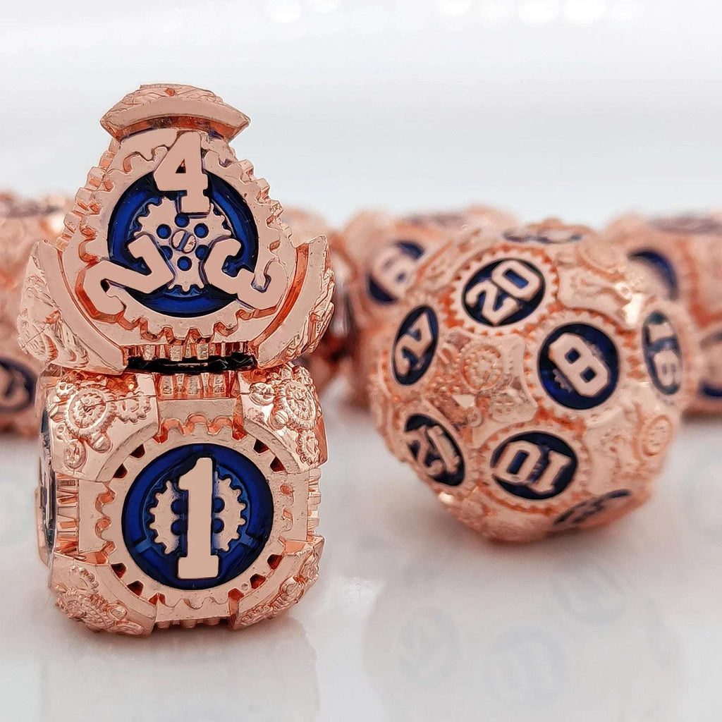 Steampunk Metal DND Dice Set – Copper Sapphire – Steampunk Style - Gear Metal DND Dice Set Red Copper Treasure Blue