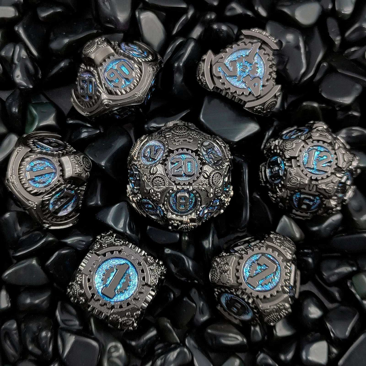 Steampunk Metal DND Dice Set – Fluorescent Gear – Steampunk Blue Fluorescent Black Gear Metal DND Dice Set