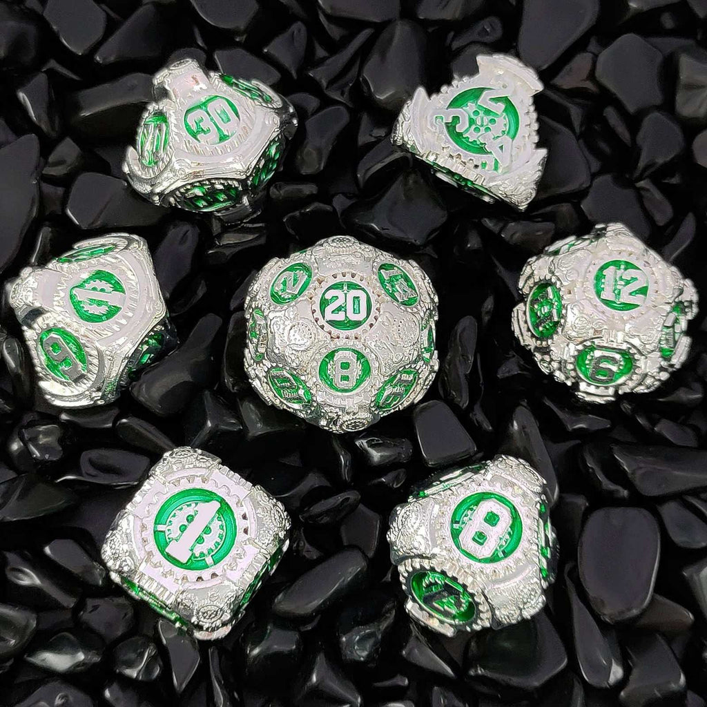 Steampunk Metal DND Dice Set – Label Gear – Steampunk Silver Shell with Green Gear Metal Solid Dice Set + Silver Font