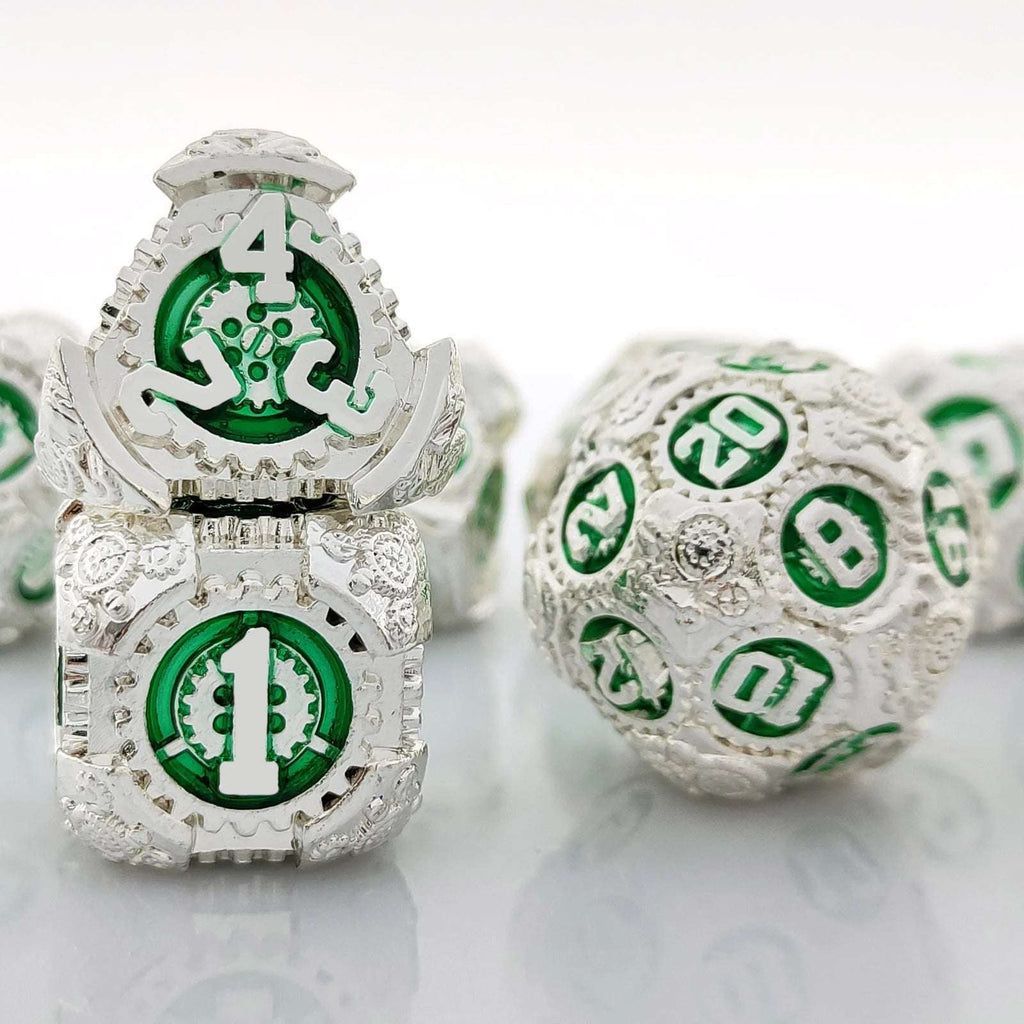 Steampunk Metal DND Dice Set – Label Gear – Steampunk Silver Shell with Green Gear Metal Solid Dice Set + Silver Font
