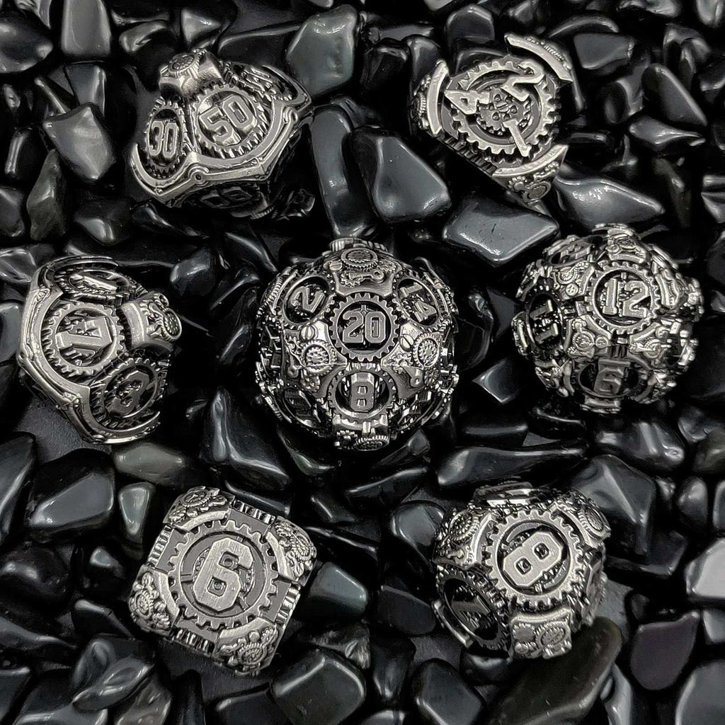 Steampunk Metal DND Dice Set – Mechanical Gear – Steampunk - silver and black mechanical gear metal dice set