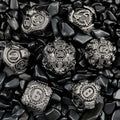 Steampunk Metal DND Dice Set – Mechanical Gear – Steampunk - silver and black mechanical gear metal dice set