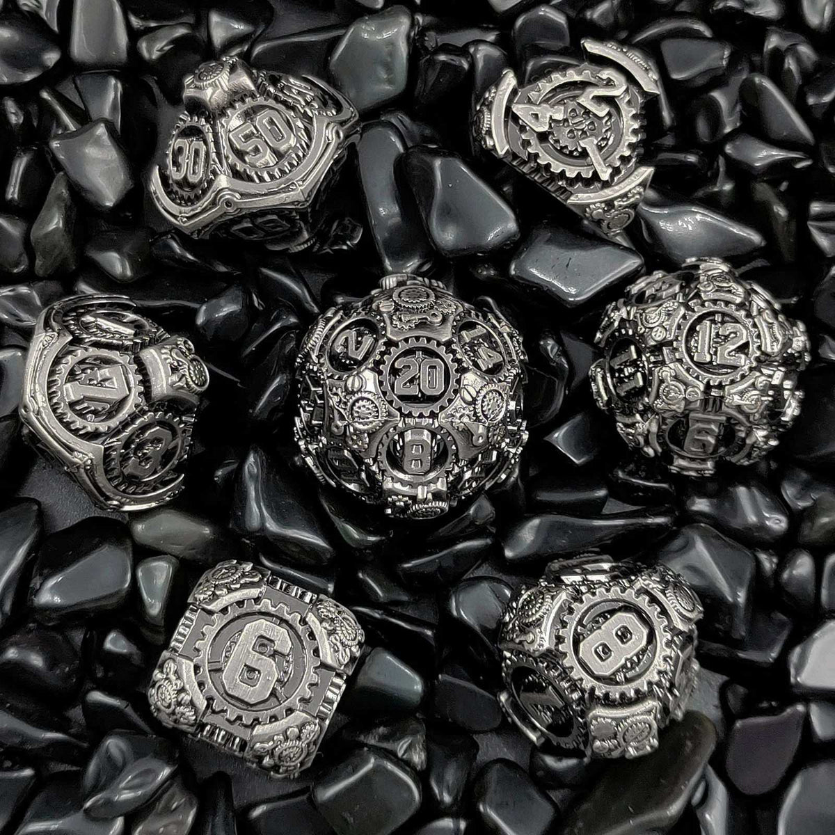 Steampunk Metal DND Dice Set – Mechanical Gear – Steampunk - silver and black mechanical gear metal dice set