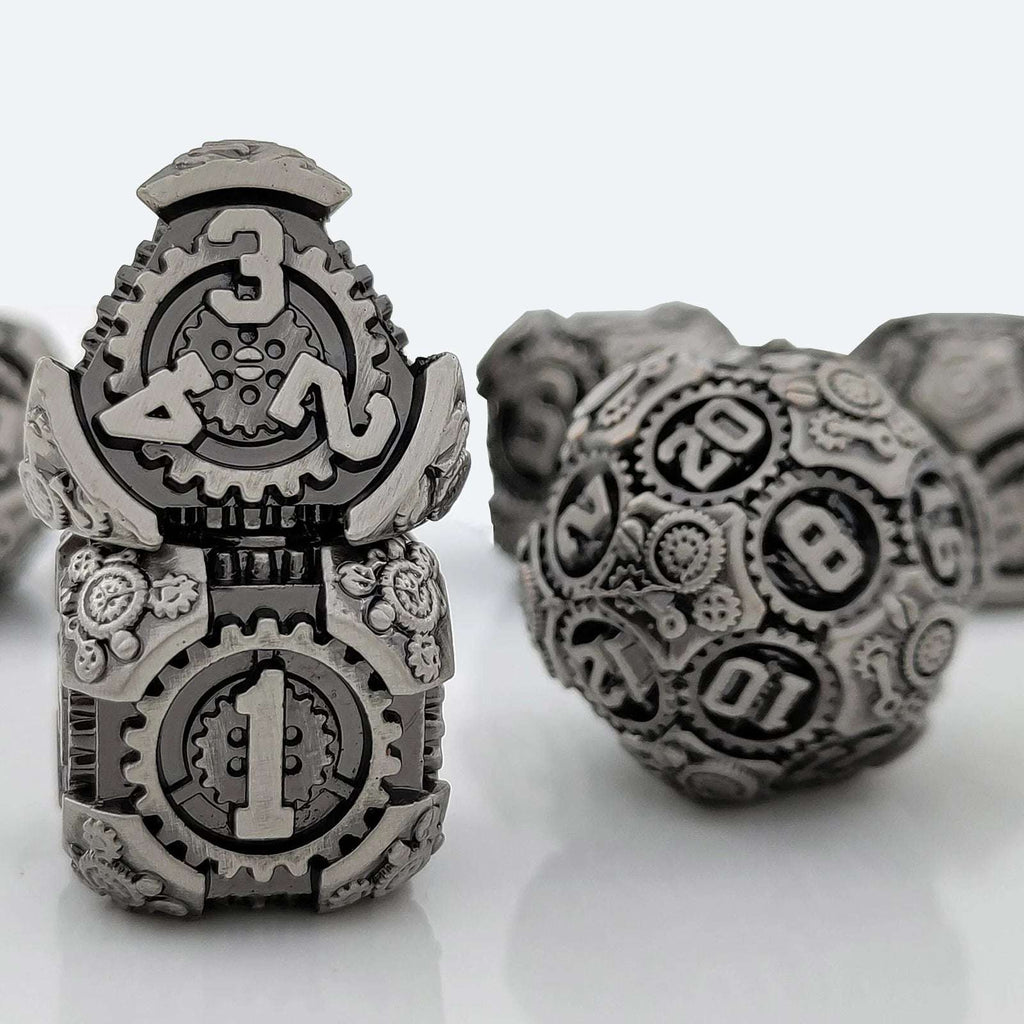 Steampunk Metal DND Dice Set – Mechanical Gear – Steampunk - silver and black mechanical gear metal dice set