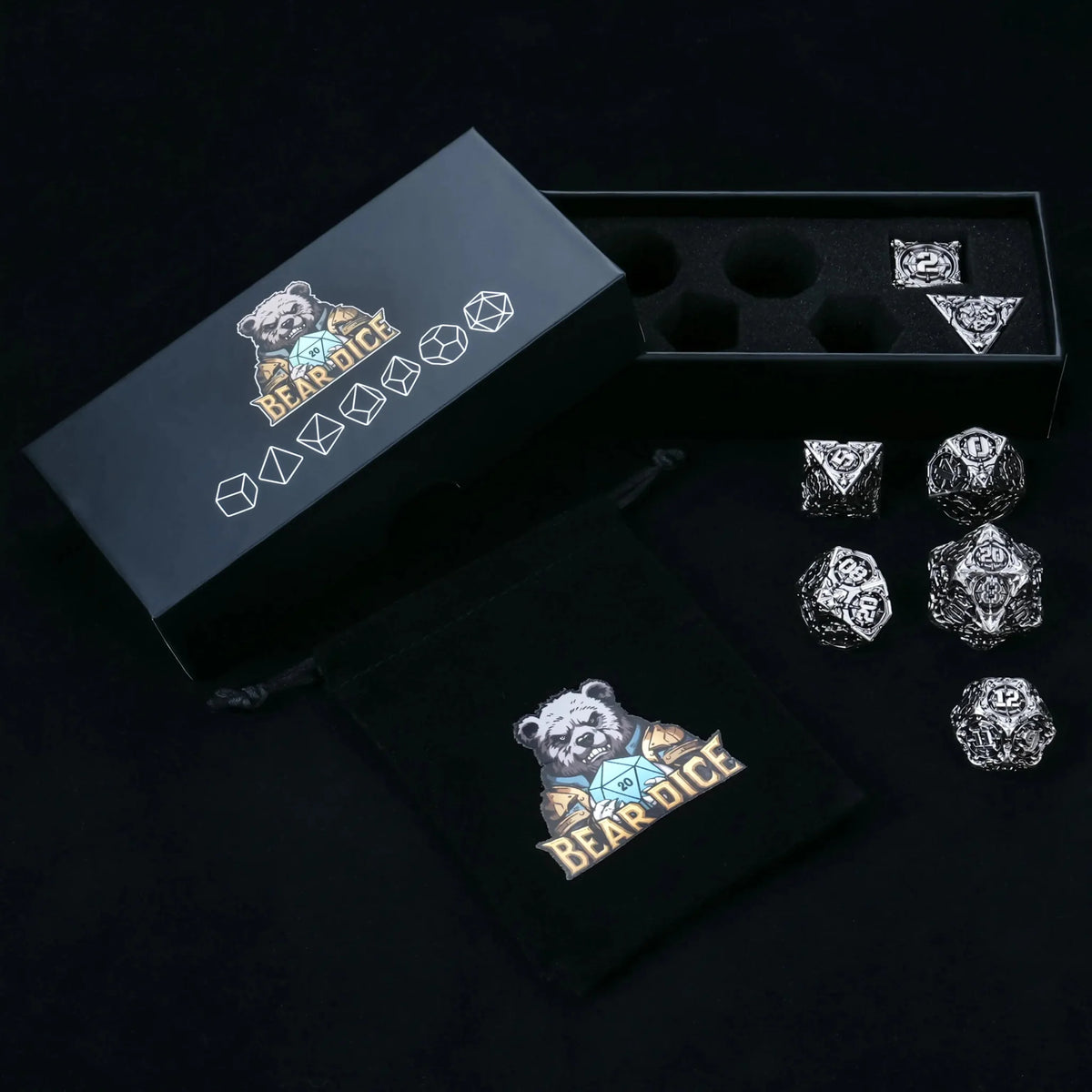 Steampunk Metal DND Dice Set – Pirate – Silver Steampunk Pirate Metal DND Dice Set with a black foam-lined dice case