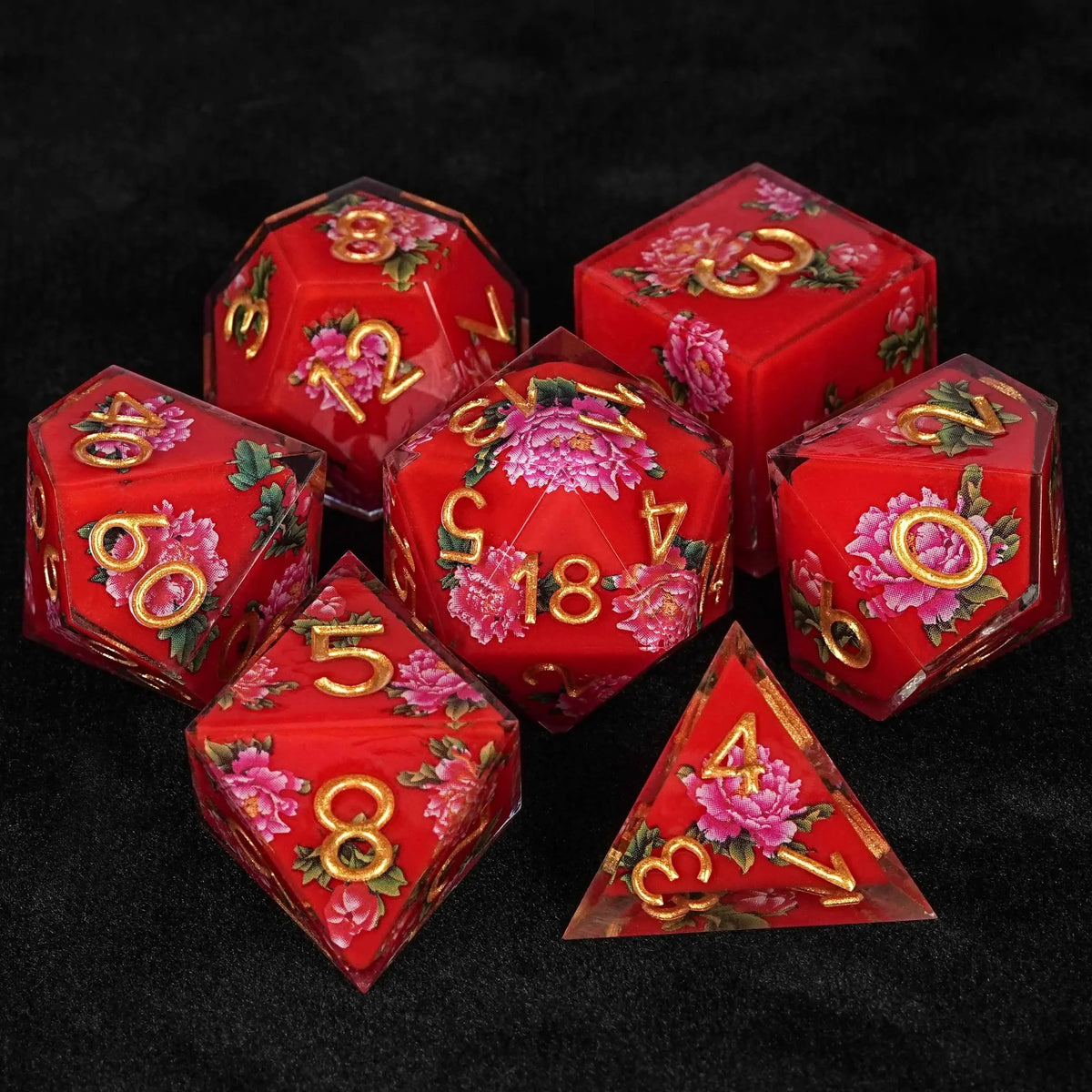 Stunning Resin DND Dice Set – Gold Numbers – Red Peony Resin DND Dice Set + Gold Font