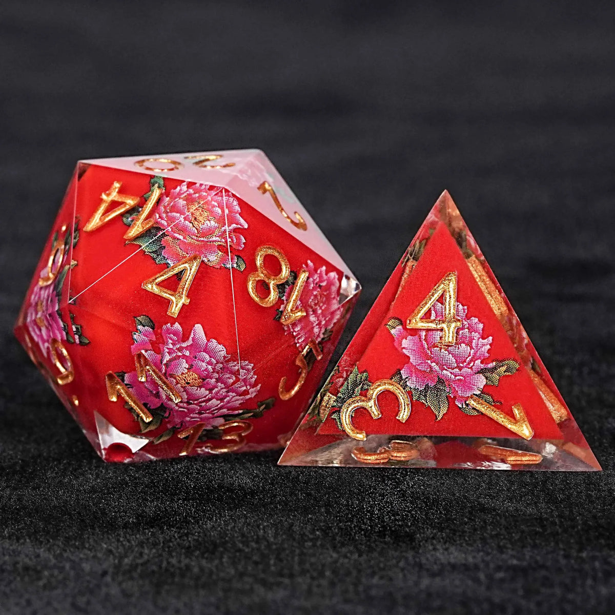 Stunning Resin DND Dice Set – Gold Numbers – Red Peony Resin DND Dice Set + Gold Font