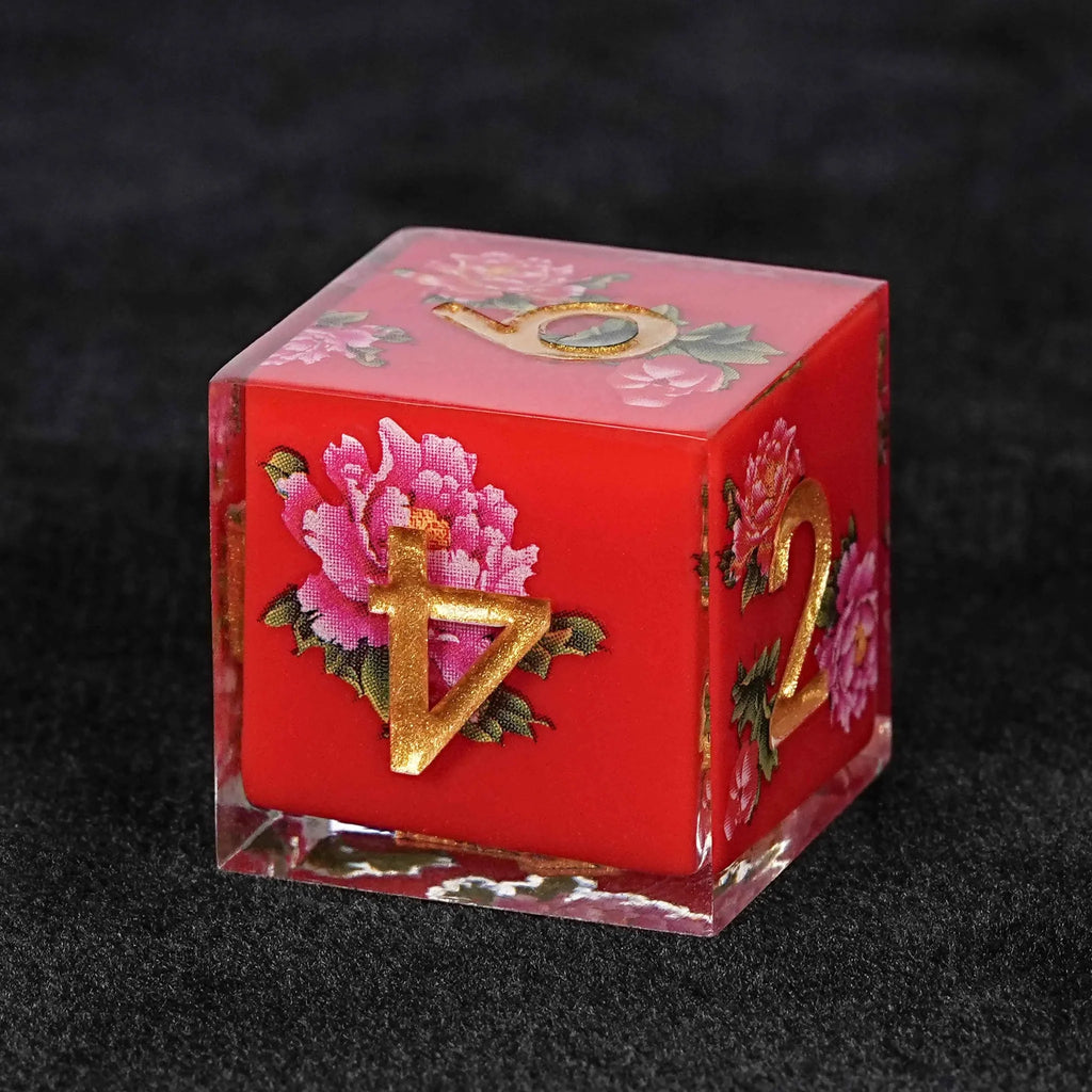 Stunning Resin DND Dice Set – Gold Numbers – Red Peony Resin DND Dice Set + Gold Font