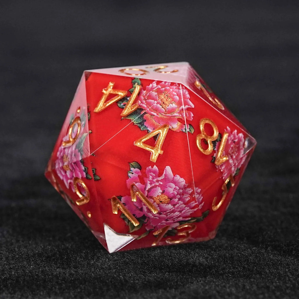 Stunning Resin DND Dice Set – Gold Numbers – Red Peony Resin DND Dice Set + Gold Font