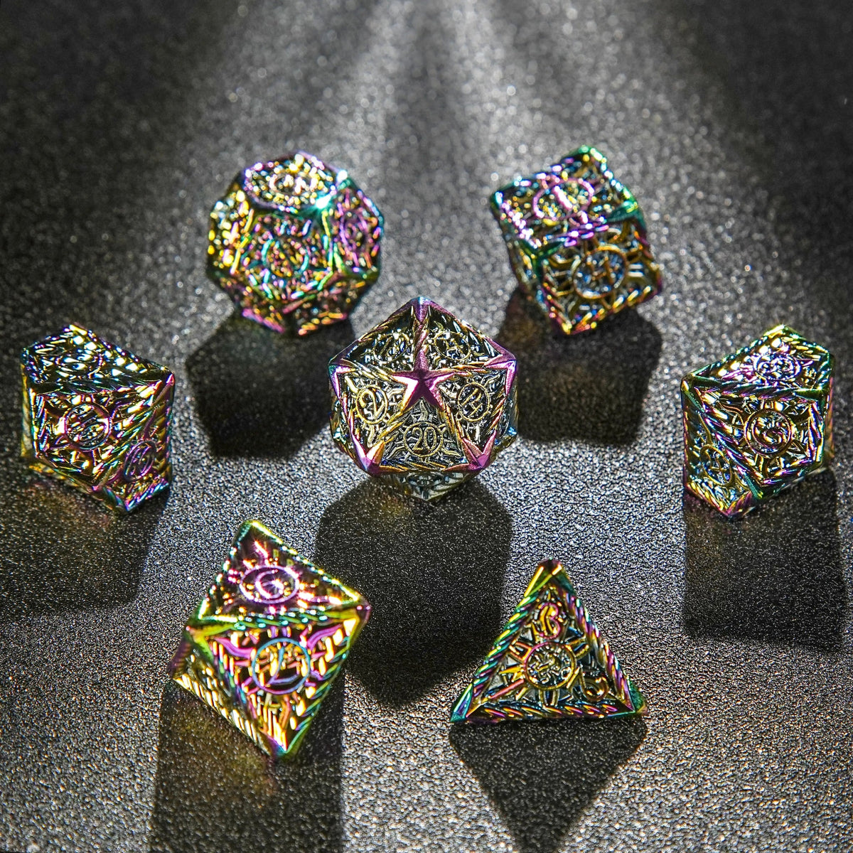 Sun Border Metal DND Dice Set – Metal solid sun pattern silver border red yellow dice set