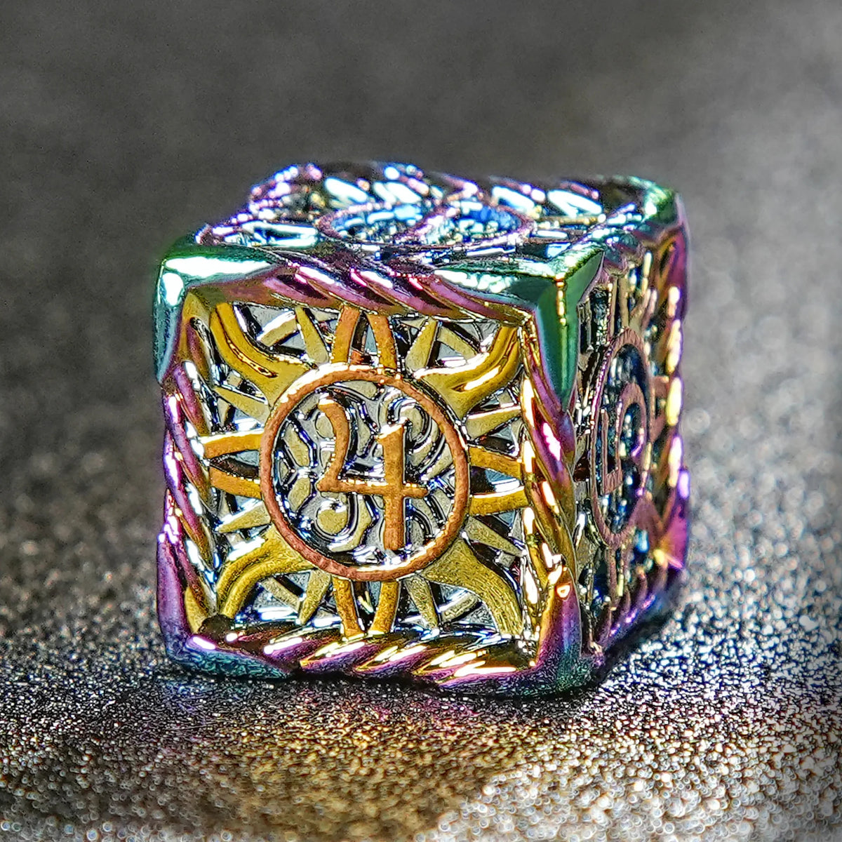 Sun Border Metal DND Dice Set – Metal solid sun pattern silver border red yellow dice set