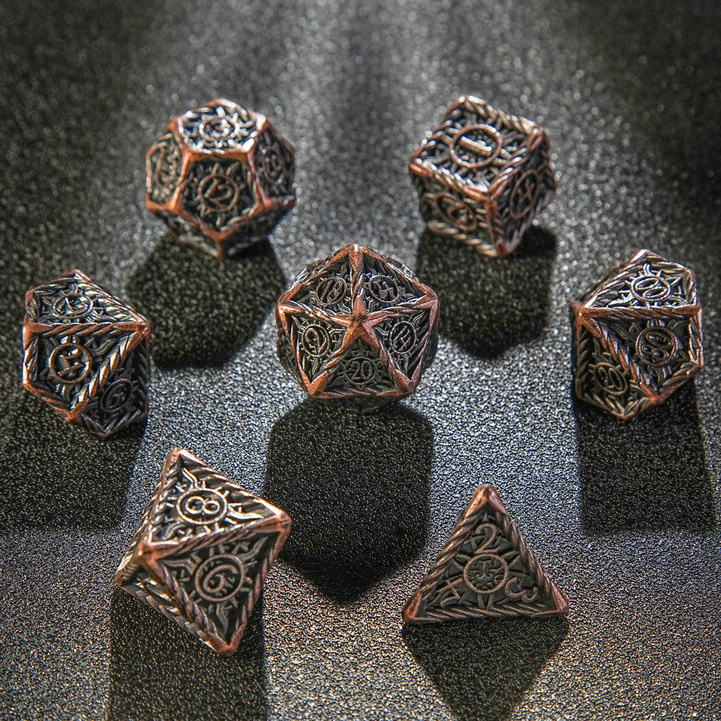 Sun Pattern Metal DND Dice Set – Ancient Copper – Helios Antique Red Copper Solid Metal DND Dice Set