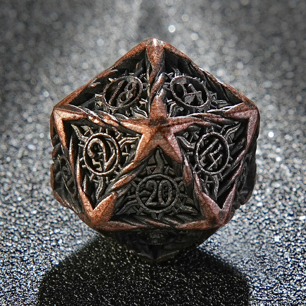 Sun Pattern Metal DND Dice Set – Ancient Copper – Helios Antique Red Copper Solid Metal DND Dice Set