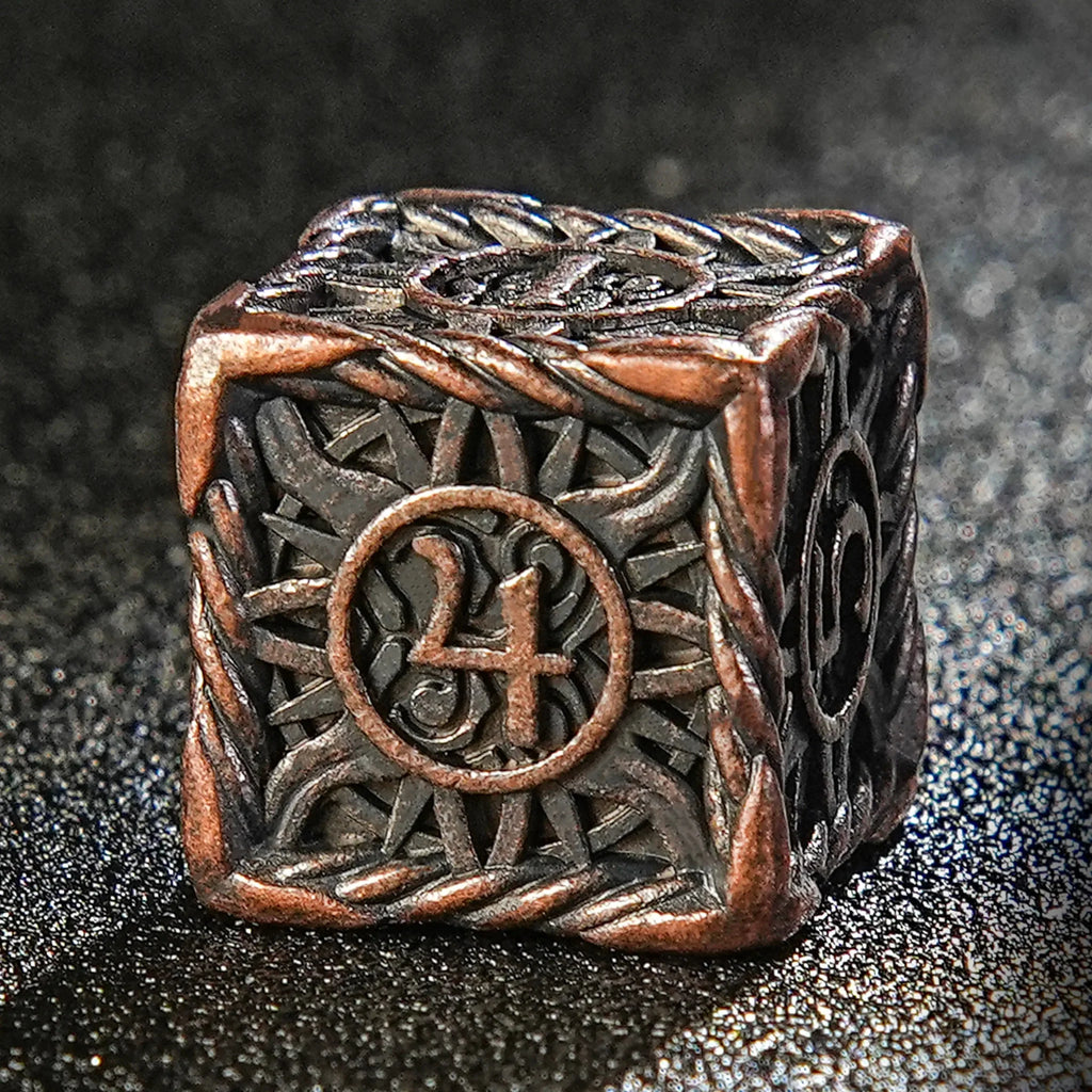 Sun Pattern Metal DND Dice Set – Ancient Copper – Helios Antique Red Copper Solid Metal DND Dice Set