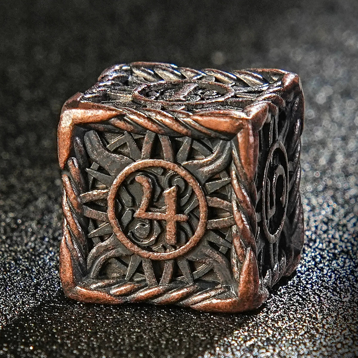 Sun Pattern Metal DND Dice Set – Ancient Copper – Helios Antique Red Copper Solid Metal DND Dice Set
