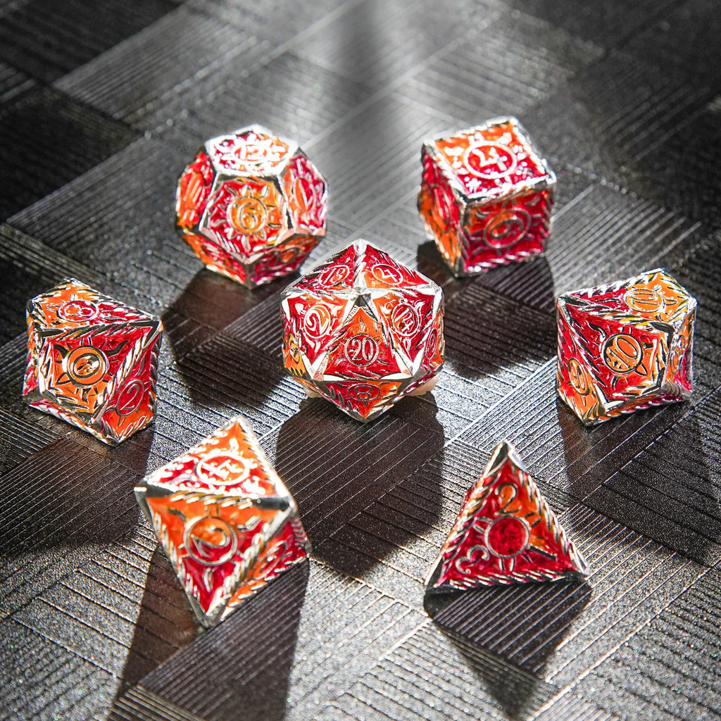 Sun Pattern Metal DND Dice Set – Border – Solid Metal Sunburst Red and Yellow DND Dice Set