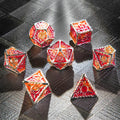 Sun Pattern Metal DND Dice Set – Border – Solid Metal Sunburst Red and Yellow DND Dice Set