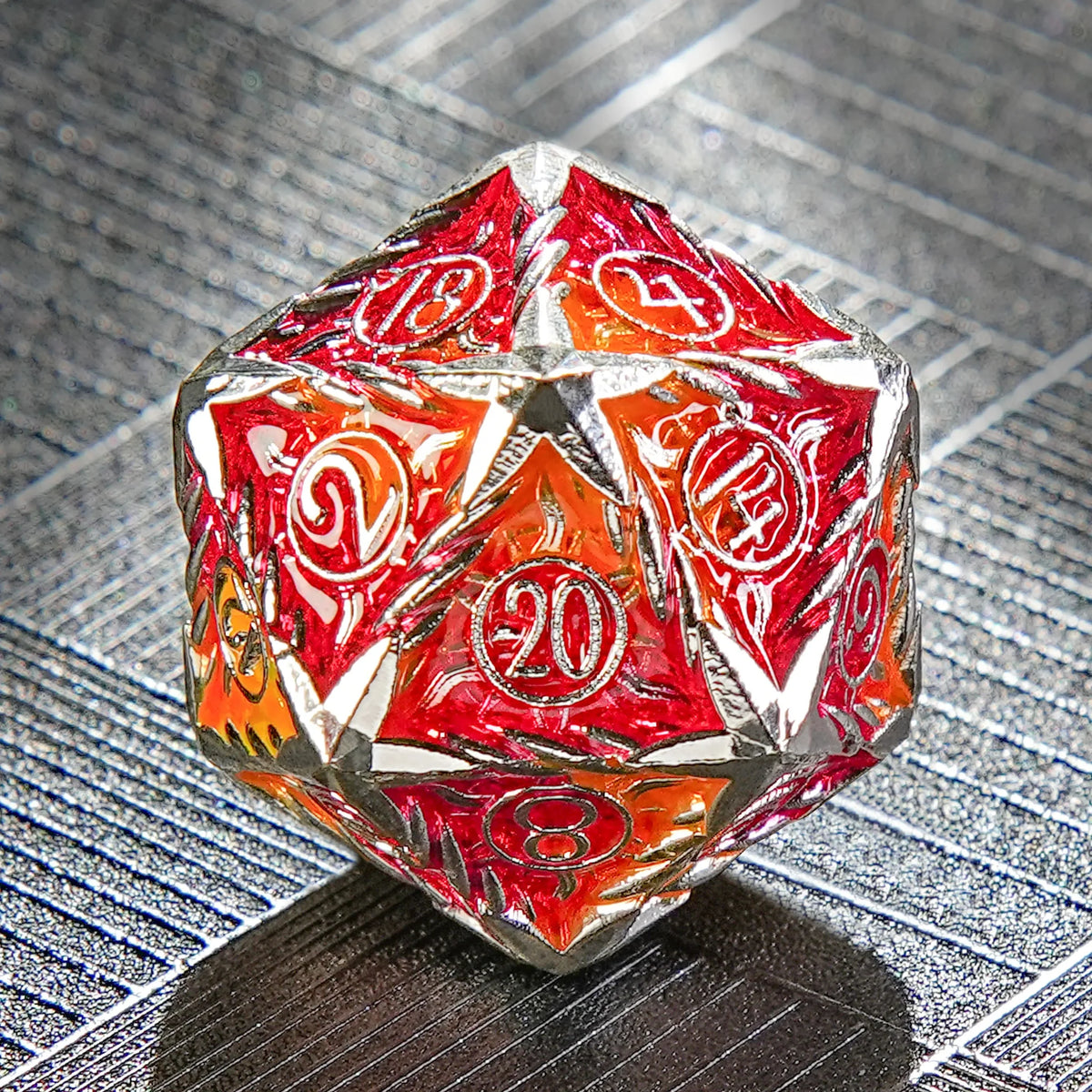 Sun Pattern Metal DND Dice Set – Border – Solid Metal Sunburst Red and Yellow DND Dice Set
