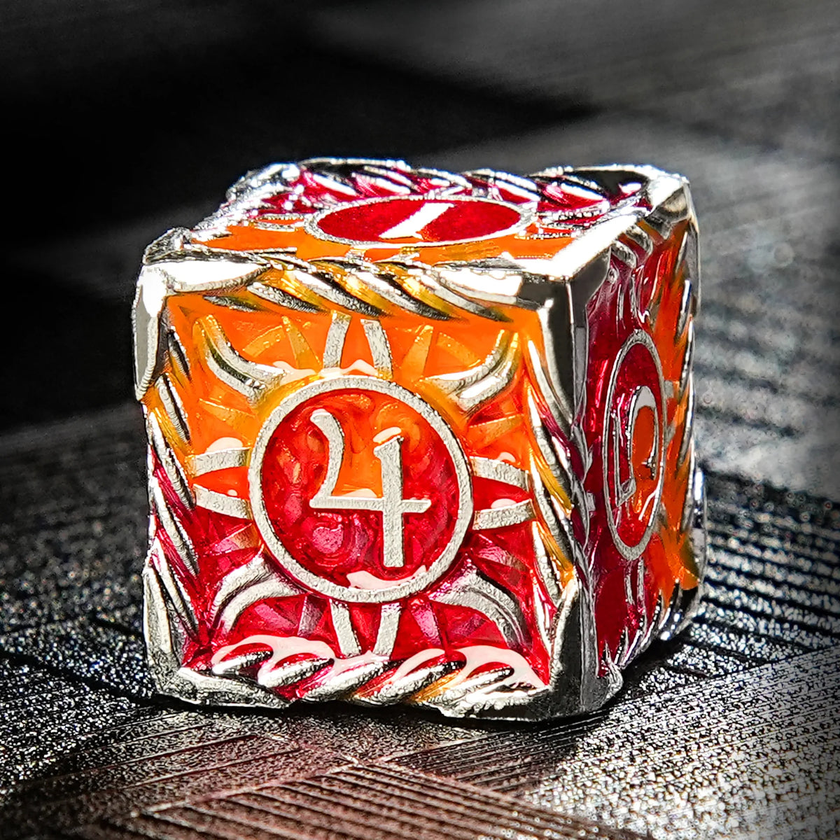 Sun Pattern Metal DND Dice Set – Border – Solid Metal Sunburst Red and Yellow DND Dice Set