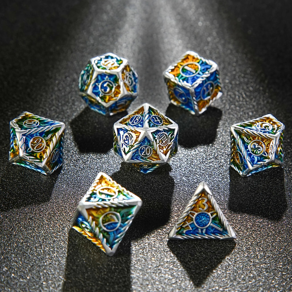 Sun Pattern Metal DND Dice Set – Sun Pattern Silver Solid Metal DND Dice Set + Yellow and Blue Colorway