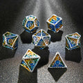 Sun Pattern Metal DND Dice Set – Sun Pattern Silver Solid Metal DND Dice Set + Yellow and Blue Colorway
