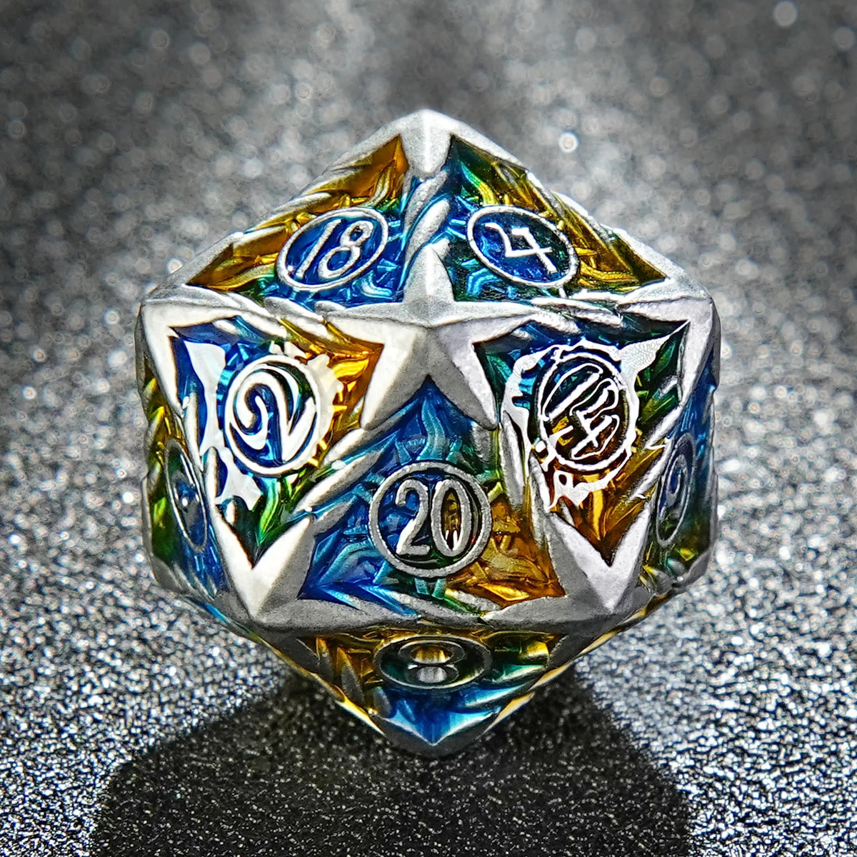 Sun Pattern Metal DND Dice Set – Sun Pattern Silver Solid Metal DND Dice Set + Yellow and Blue Colorway