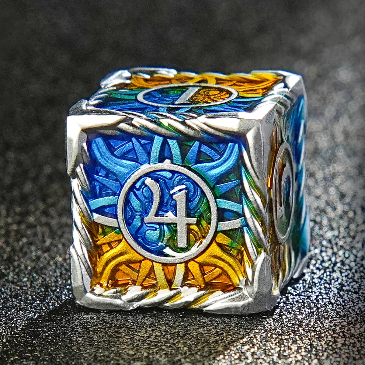 Sun Pattern Metal DND Dice Set – Sun Pattern Silver Solid Metal DND Dice Set + Yellow and Blue Colorway