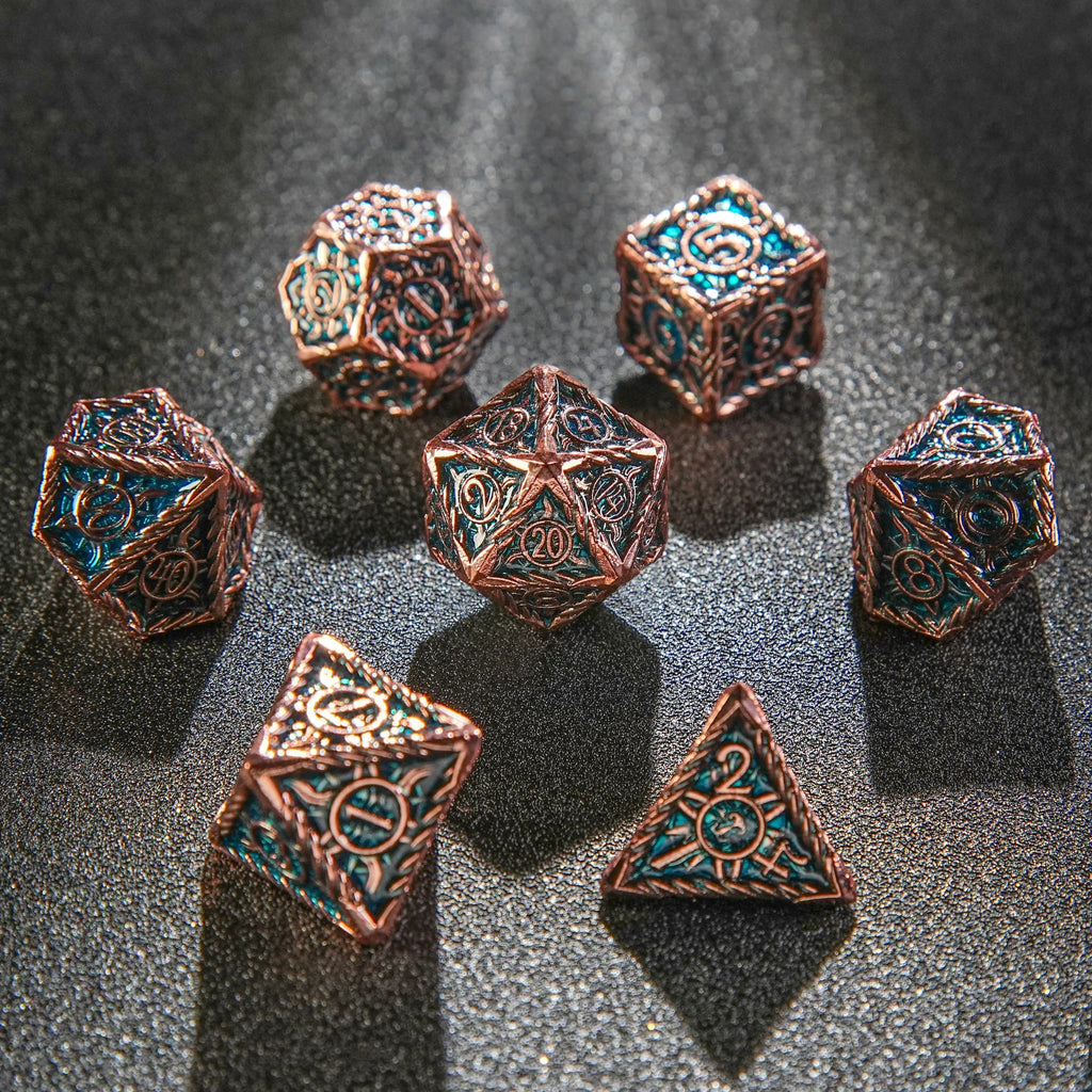 Sun Pattern Red Copper Blue Metal DND Dice Set – Sun Pattern Antique Red Copper Blue Metal DND Dice Set