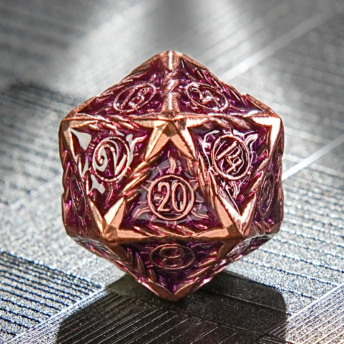 Sun Pattern Red Copper Metal DND Dice Set – Mage's Copper Purple Metallic Sun Rune D20 Dice