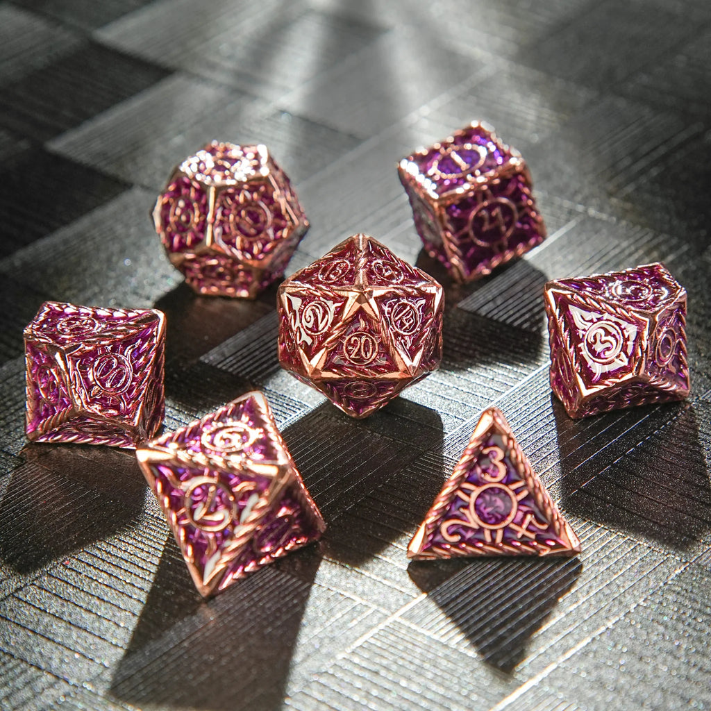 Sun Pattern Red Copper Metal DND Dice Set – Copper and Purple Metallic Sun Rune Pattern DND Dice Set