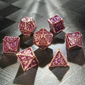 Sun Pattern Red Copper Metal DND Dice Set – Copper and Purple Metallic Sun Rune Pattern DND Dice Set