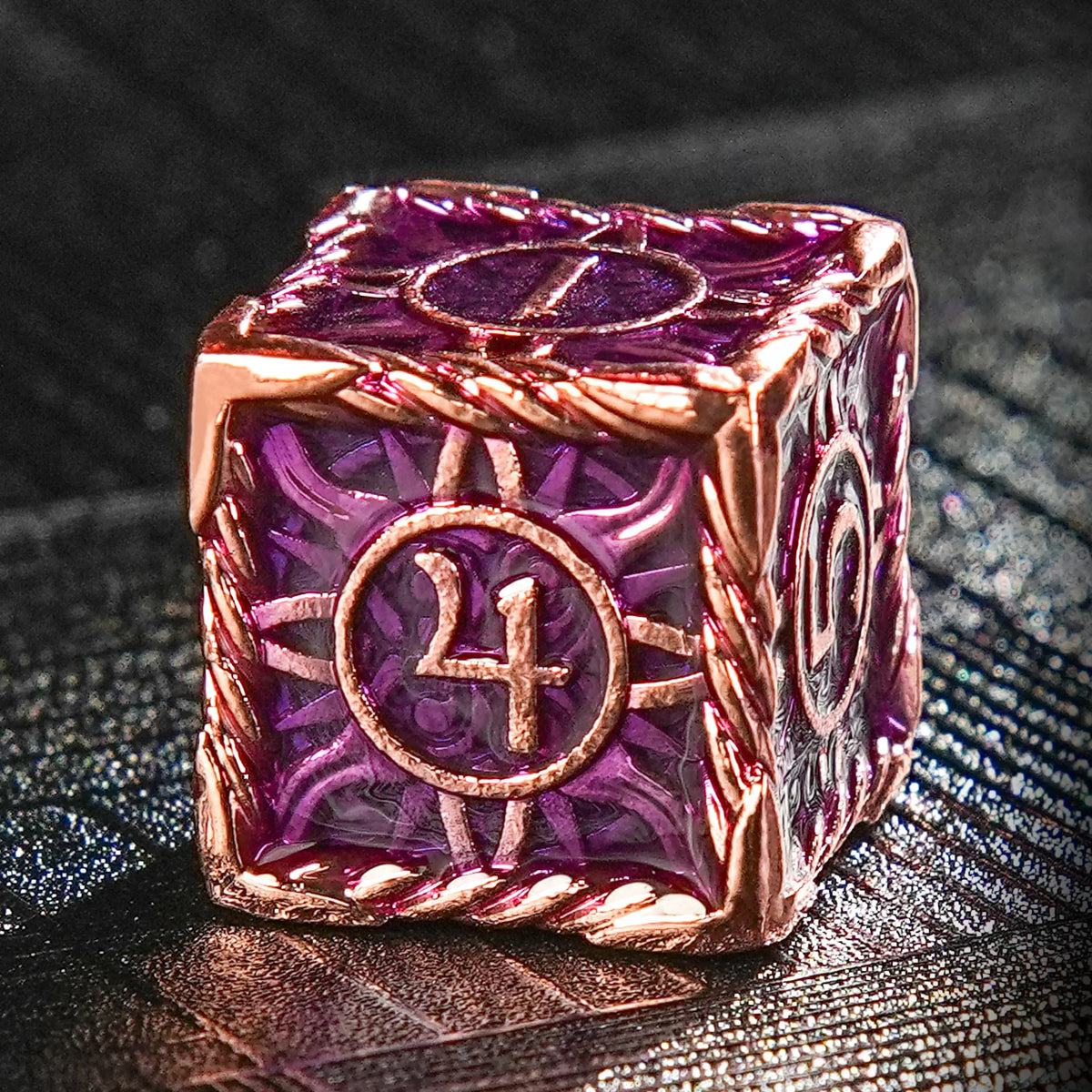 Sun Pattern Red Copper Metal DND Dice Set – Copper Purple Metallic Sun Rune DND D6 Dice