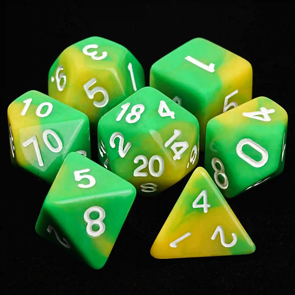 Swirl Acrylic DND Dice Set – Green and yellow gradient acrylic DND dice set