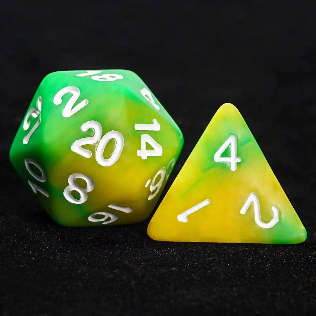 Swirl Acrylic DND Dice Set – Green and yellow gradient acrylic DND dice set