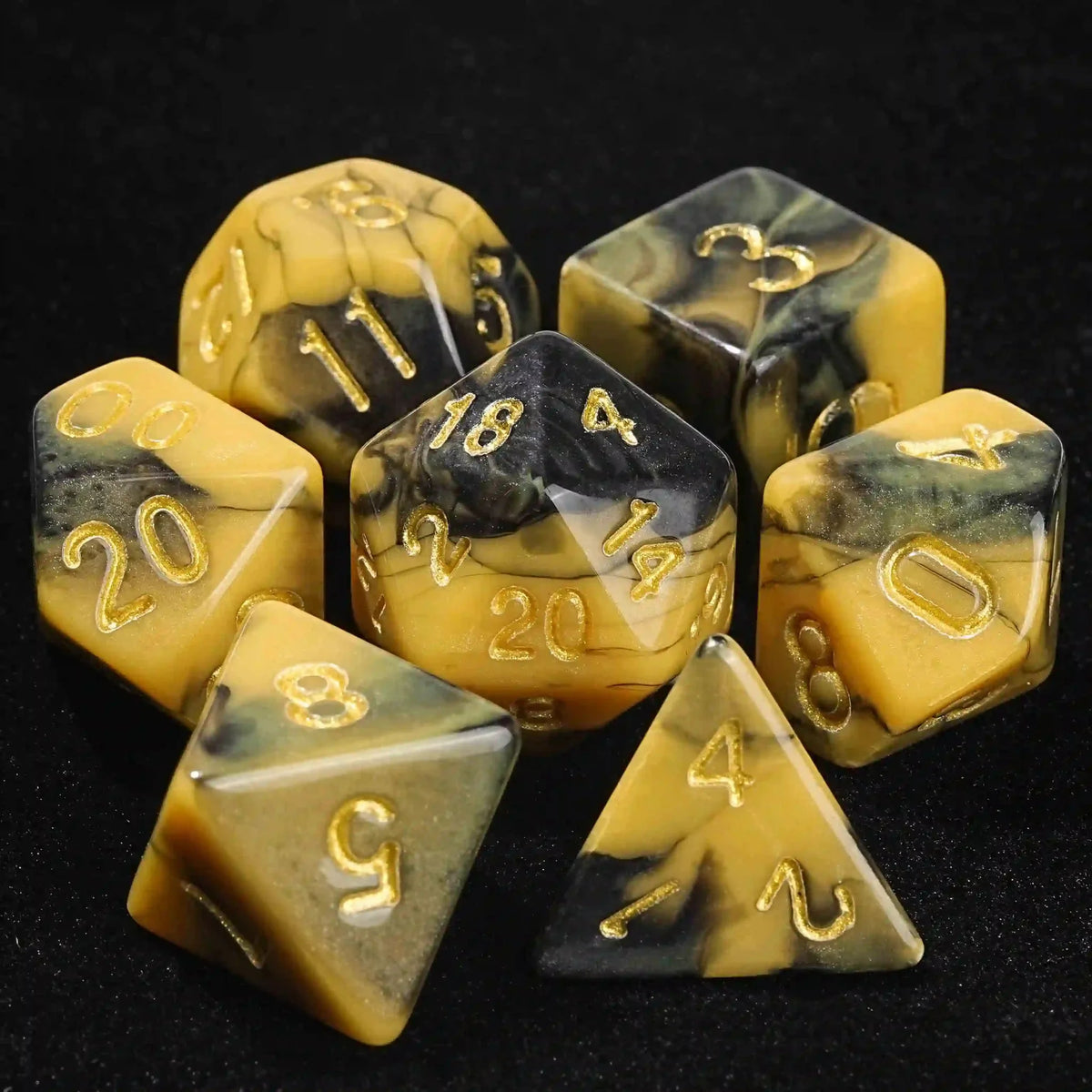 Swirls Acrylic DND Dice Set – Black and Gold Swirl Dungeons & Dragons Polyhedron Acrylic Dice Set