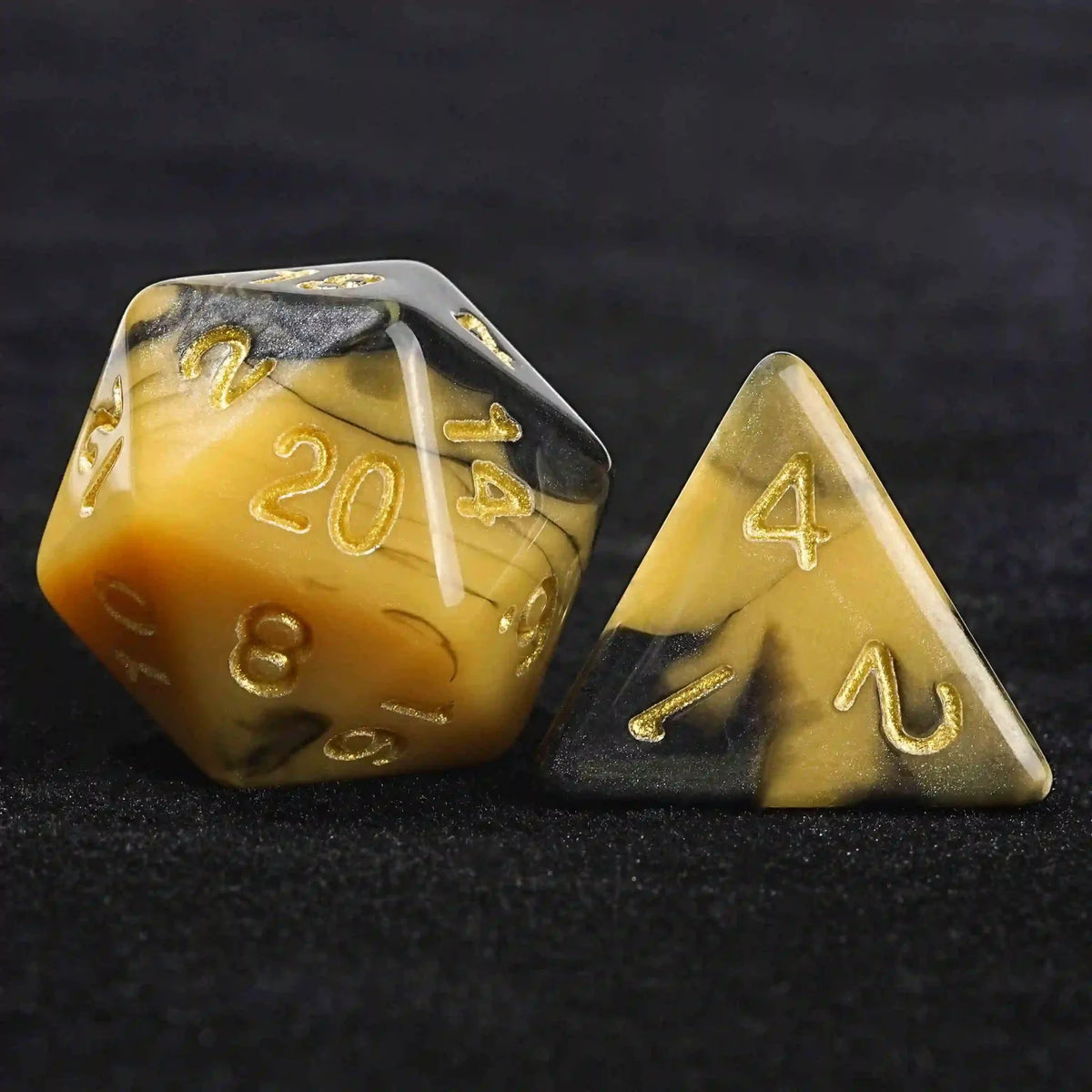 Swirls Acrylic DND Dice Set – Black and yellow swirl Dungeons & Dragons polyhedron acrylic D20 and D4 dice with gold