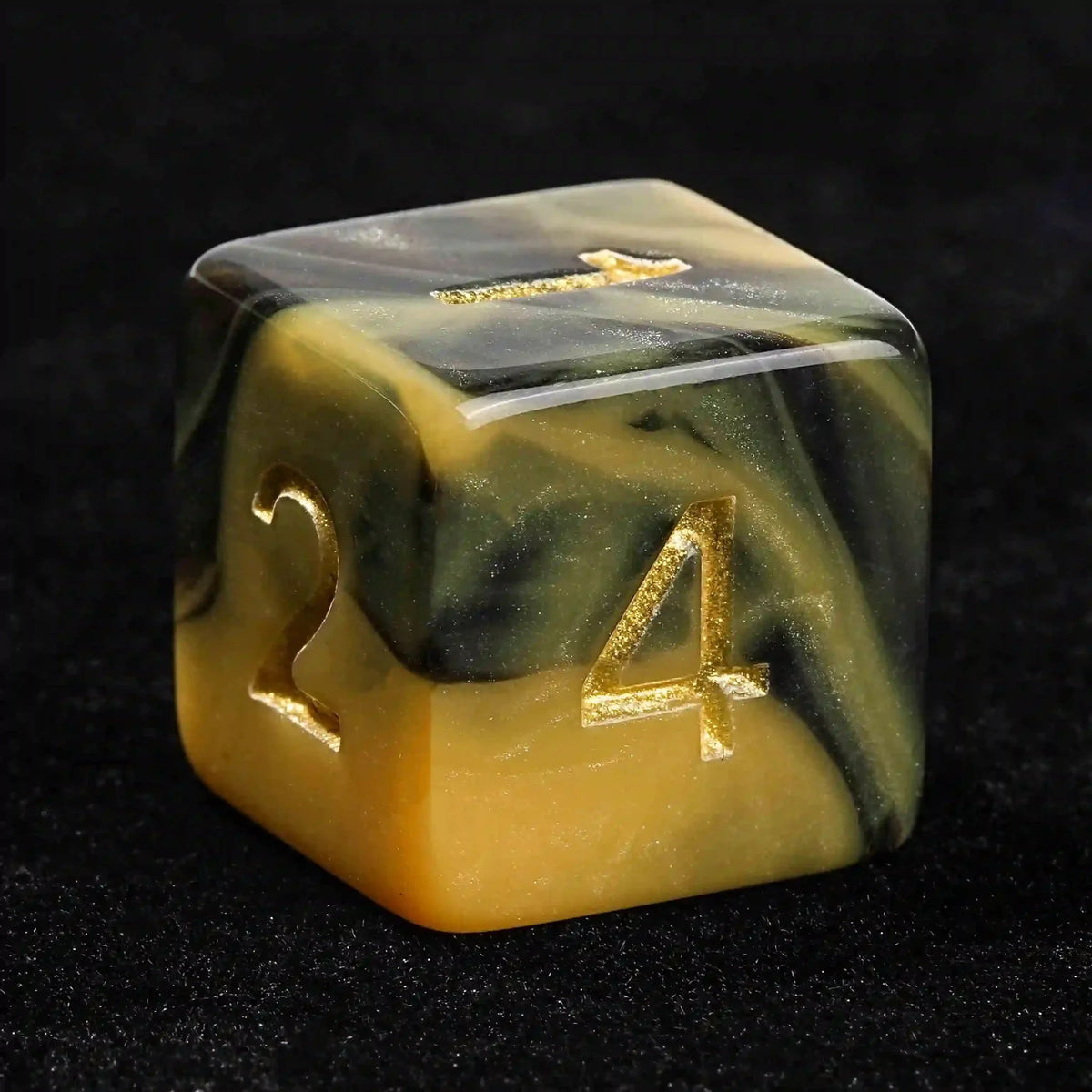 Swirls Acrylic DND Dice Set – Black and yellow swirl Dungeons & Dragons polyhedron acrylic D6 dice with gold numbers