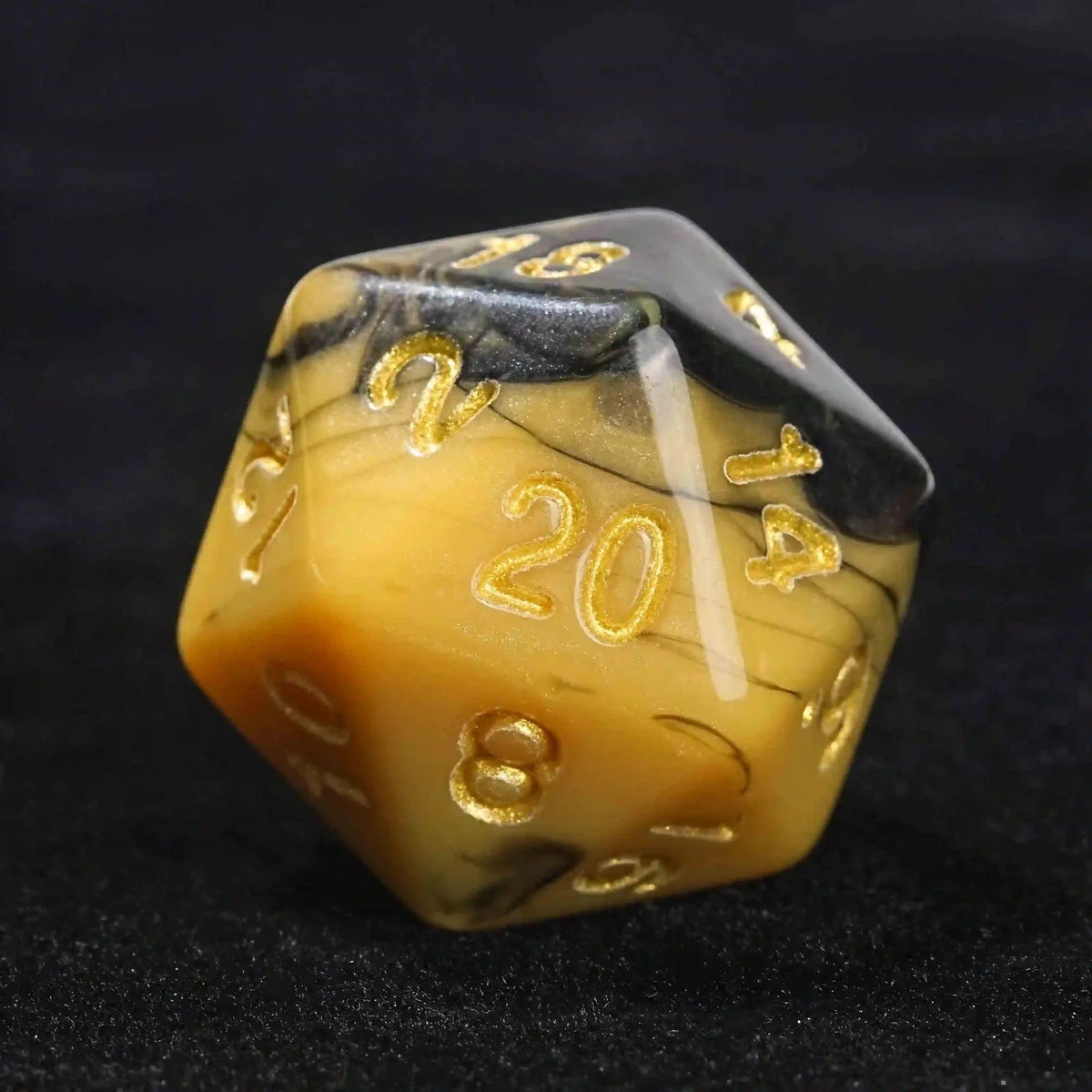 Swirls Acrylic DND Dice Set – Black and yellow swirl Dungeons & Dragons polyhedron acrylic D20 dice with gold numbers