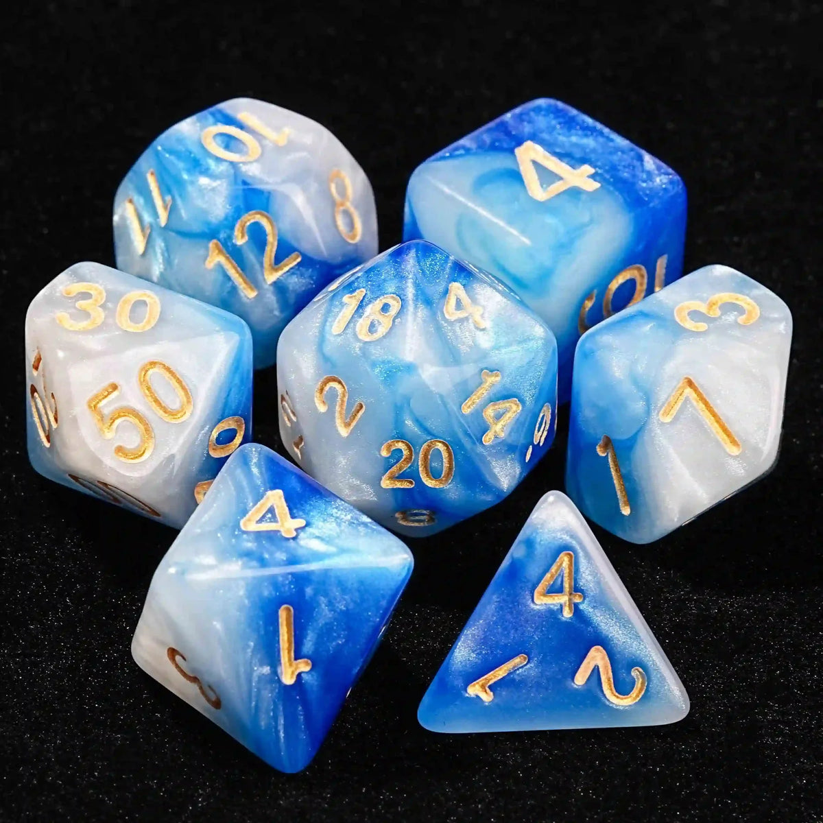 Swirls Acrylic DND Dice Set – Gold Numbers – Blue and white swirl acrylic DND dice set + gold font